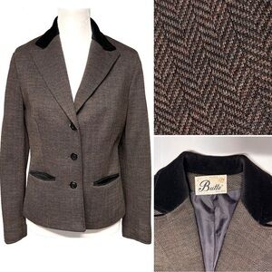 Vintage Velvet Collar Brown Herringbone Women’s 3 Button Blazer Dark Academia 10